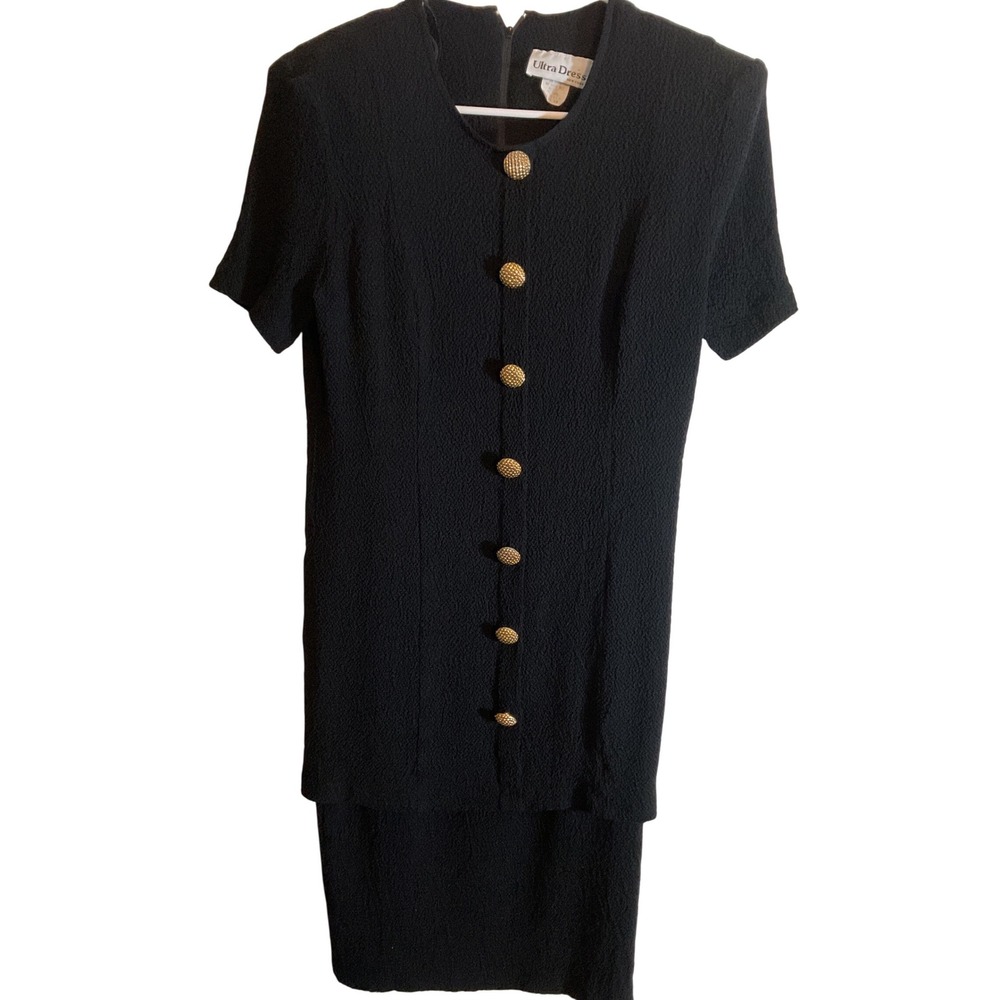 Ultra Dress Black Textured Button Front Sheath Dress Size‎ 14